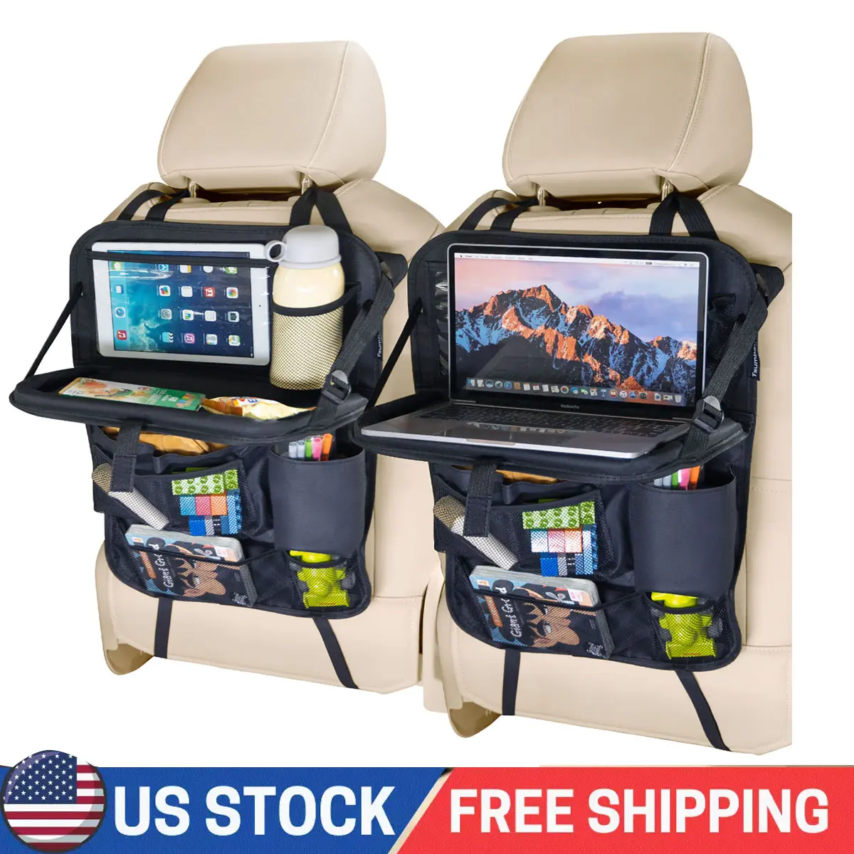2-Pack Backseat Organizer, Multifunctional Stowing & Tidying Accessory with Folding Sack Tray Holder, Multi-Pocket Storage Bag & Car Seat Back Hook, Multifunctional Car Organizer, Car Seat Back Hook Stowing & Tidying