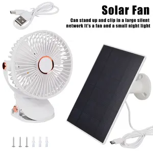 Portable solar camping fan, 1200mAh battery, rechargeable 5-speed adjustable speed with light, suitable for tents, picnics, hiking, and fishing