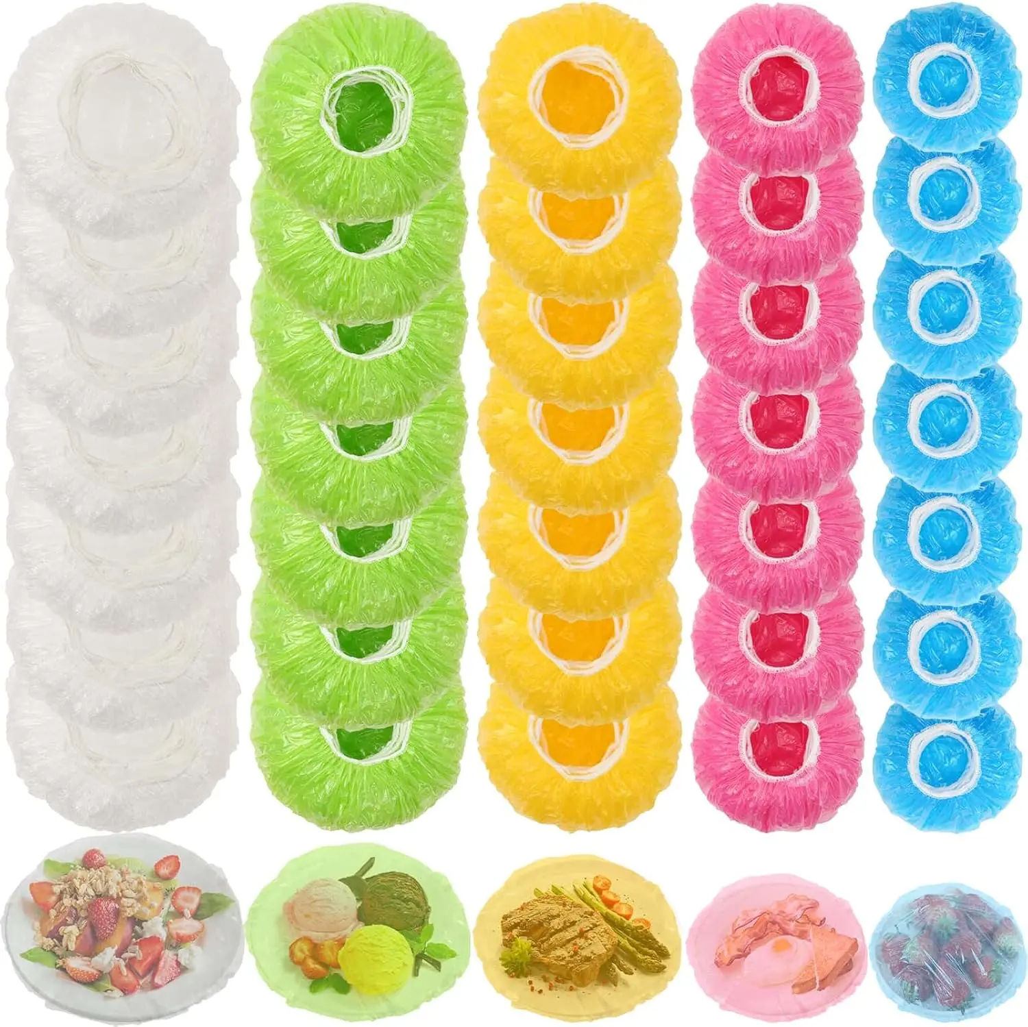 90Pcs Handheld Reusable Round Colorful Elastic Plastic Food Covers (5 Sizes:4/6/8/10/12 Inches, Kidsafe Material) - Bowl, Kitchen, Picnic, Beach Food Storage, Foilfree, Bug Prevention Home Improvement Supplies