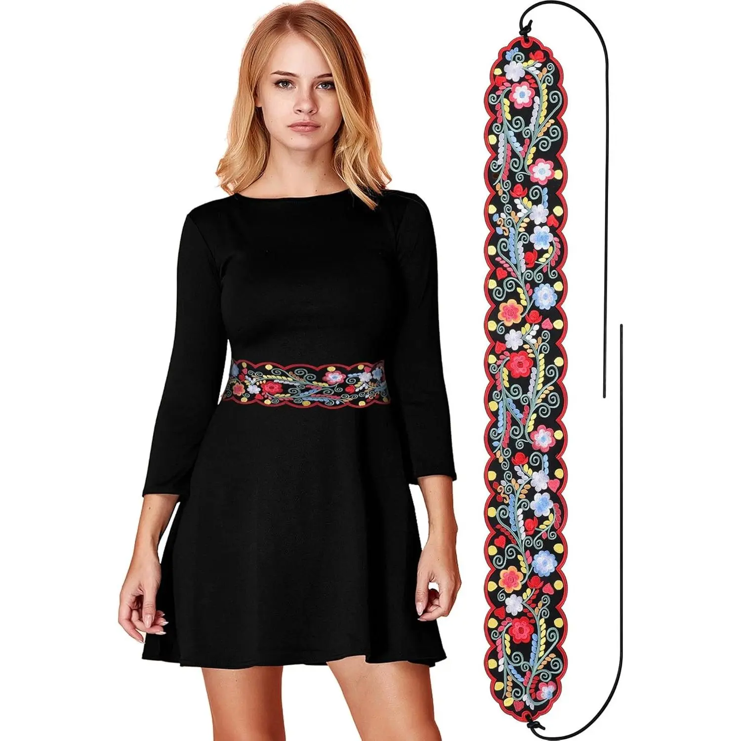 Women Embroidered Mexican Belt for Dress Floral Traditional Fiesta Waist Sash Cinco De Mayo Luau Party Outfit