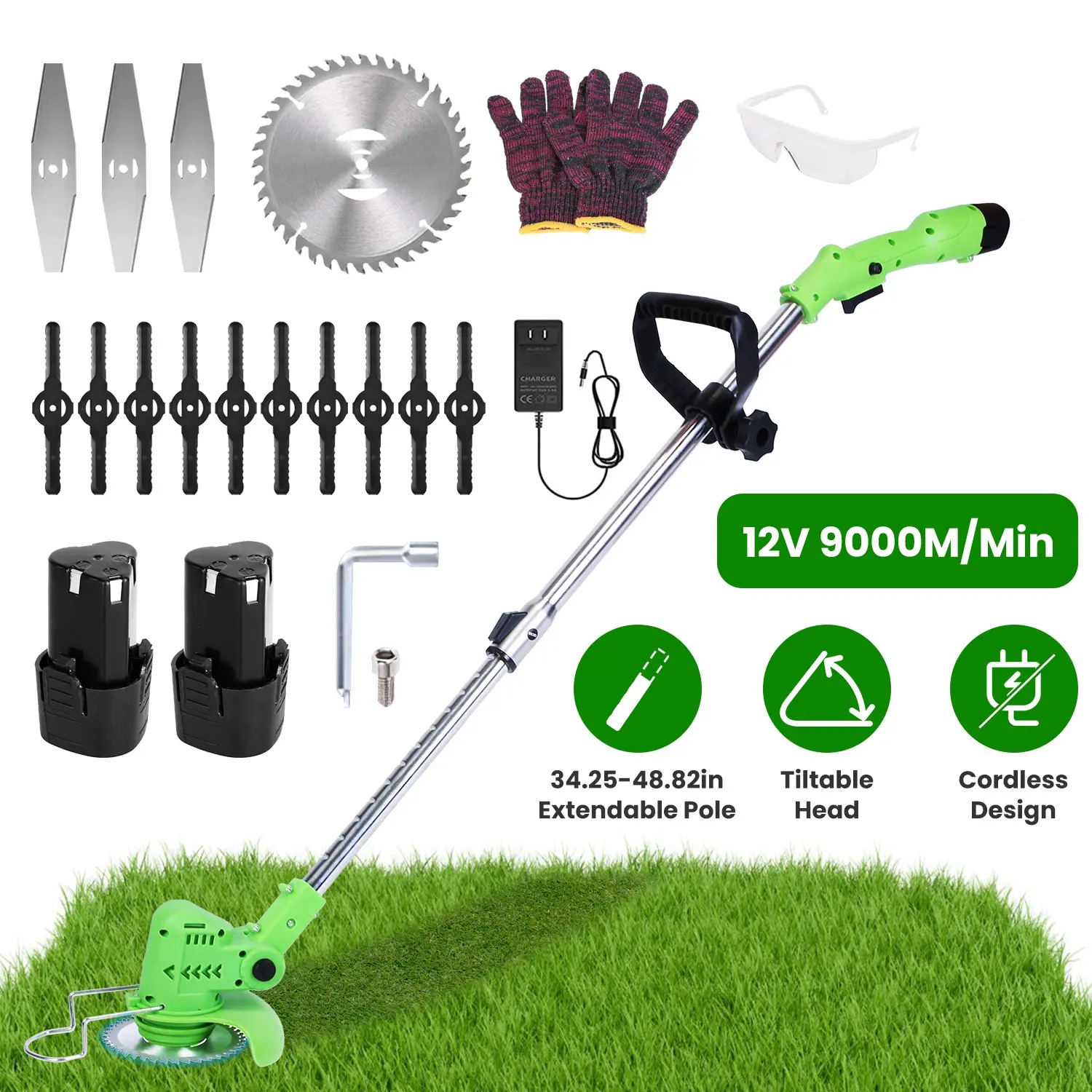 Cordless Grass Trimmer Rechargeable Lawn Mower 12V 200W 9000M/Min，21V 300W  18000M/Min Weed Cutter with Saw Blade 2 Stainless Steel Blades 10 Plastic Blades 2 Rechargeable #Tool Kit &Separate accessories