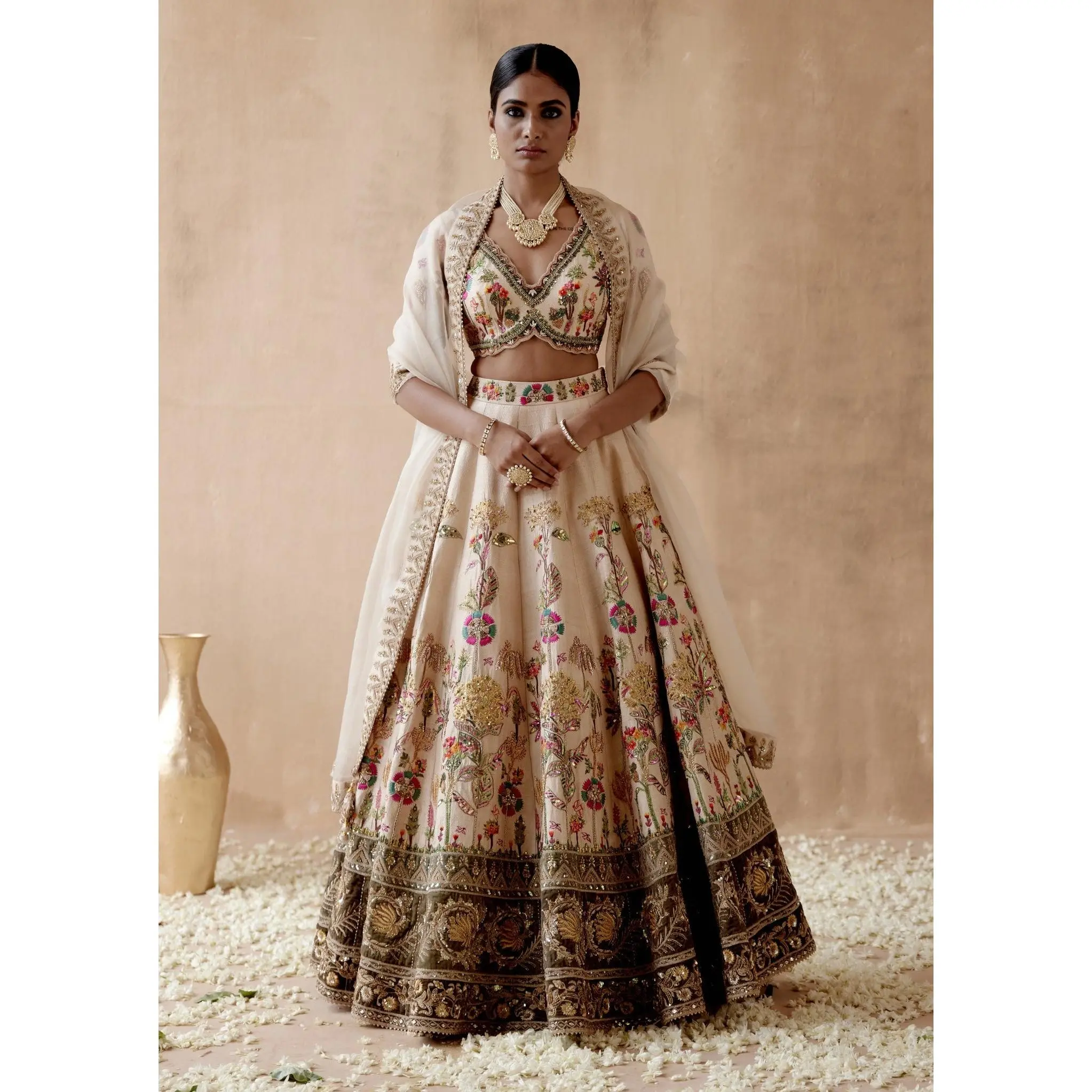 Ivory raw silk floral lehenga set