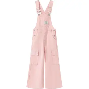 KIDSCOOL SPACE Girls Wide-leg Denim Overalls, Pink/Blue Jeans Cargo Dungaree Pants,6-13Y