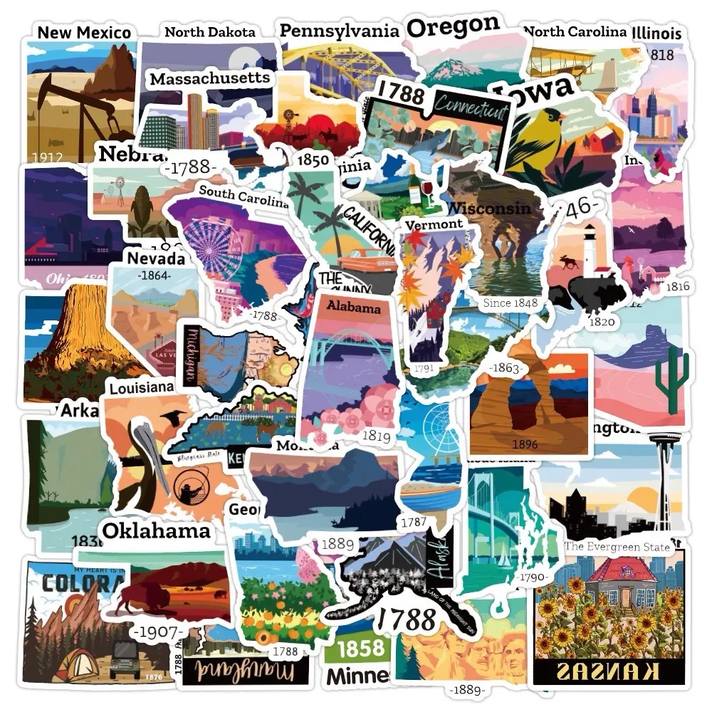 50Pcs United States Travel Map Stickers, Waterproof Vinyl Stickers book note Traveler Durable Decoration Luggage Personality