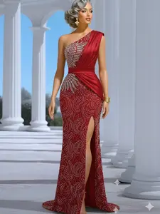 Modest Red Evening Wedding Dresses with Beaded Sequin Mermaid Prom Gowns for Cocktail Formal Events Elegant Gala Robe Soiree Femme Party Women's Wear Elegant Formal Cocktail Elegance Womenswear Elegance