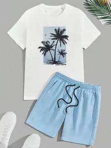 Couple's Casual Short Sleeve T-Shirt Set, Graphic Tropical Beach Coconut Tree Print for Summer Vacation, Fitted Crop Top for Outdoor Activities