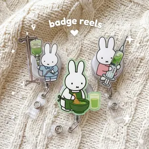 Cute Miffy Love Matcha Badge Reel - Matcha Whisking, Safe Dose Syringe & IV Drip Bunny Retractable ID Holder - Kawaii Acrylic Nurse Name Tag Clip, Gift For Doctor / Nurse / Medical Worker / Coworker