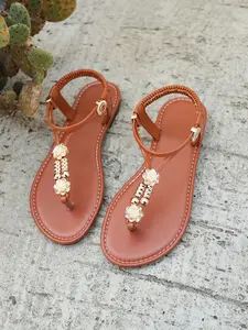 Boho Beach Sandals, Open Toe Slip-On Design, Rhinestone Floral Detail, Perfect for Travel & Daily Wear, Comfortable Summer Footwear