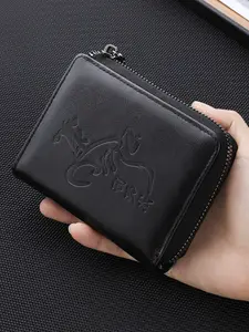 Men's Zipper Wallet Design Short Business Letter Embossed Leather Case, Multi-Card Slot ID Holder, Fashionable Minimalist Credit Card Bag, Perfect Gift