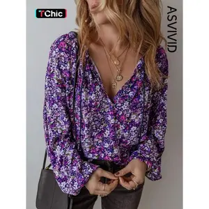 Women’s all-over floral print tie-neck blouse, casual long-sleeve V-neck top for spring and fall, women’s clothing for daily wear