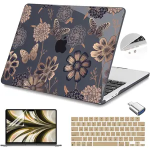 Teryeefi for MacBook M2 M3 13.6 Case 2022 2023 2024 2025 Release A2681 A3113, Clear Hard Shell with Keyboard Cover  USB 3.0 Adapter  Screen Protector, Gold Floral Butterfly