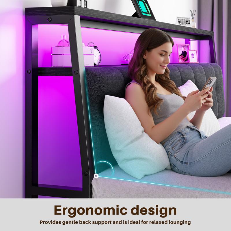 Raybee LED Bed Frame with Charge Station for Queen, Full, King, Platform Bed Frame with Upholstered Ergonomic Heardboard , 2 Tiers of Shelves & 12" Underbed Storage, Industrial Modern Bedroom Furniture, 1000lbs Capacity with Metal Slats & Frame, Black
