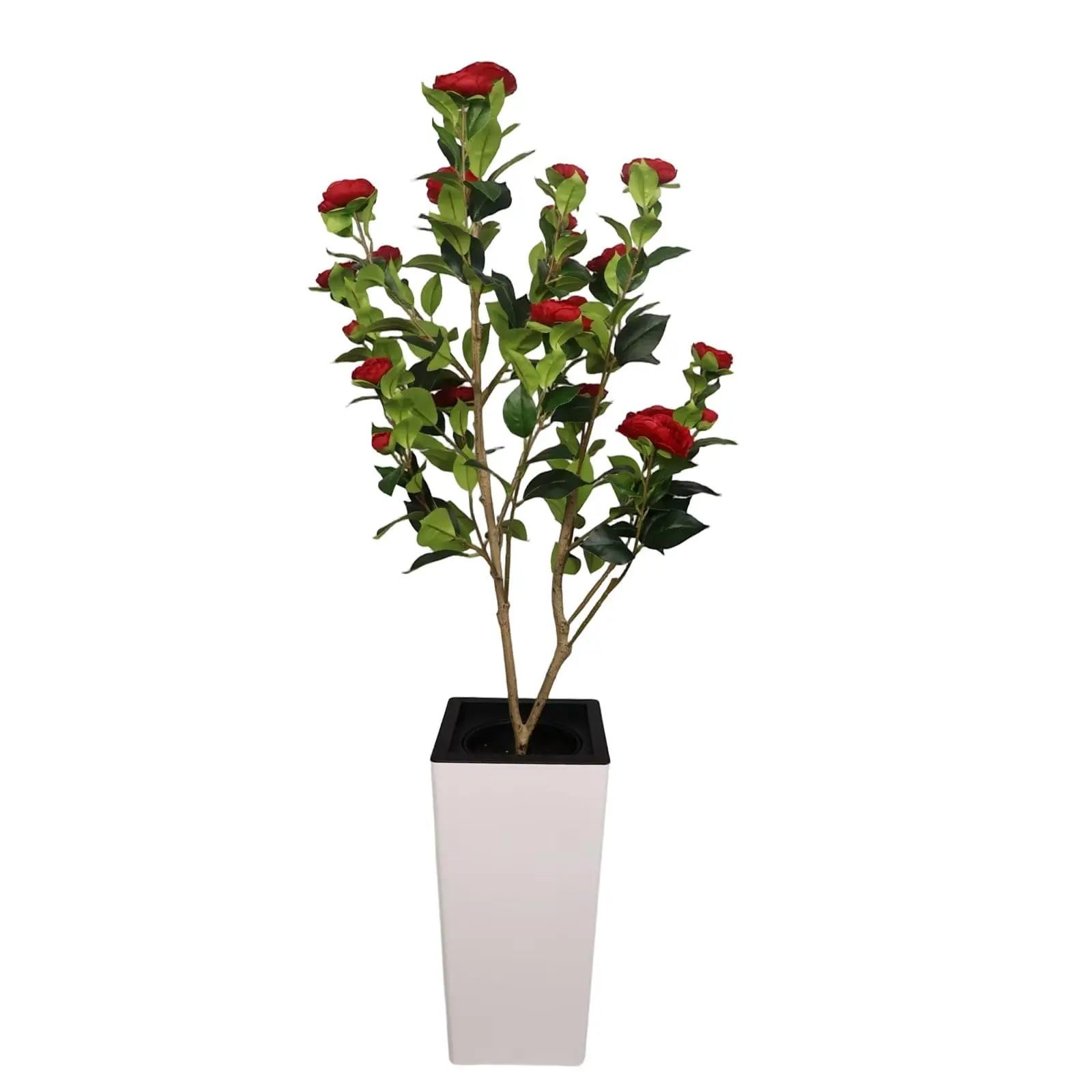 Garvee Artificial Ficus Tree with Realistic Red Flowers, 120 cm Tall, Ideal for Living Room, Bedroom, or Office Decor, Easy to Maintain, Available with White Pot or Tall Slim Trunk for Elegant Indoor Decoration