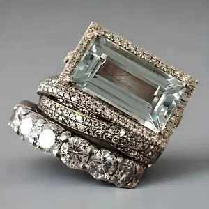 Fashion Three Piece Set Blue Square Zircon Rings - Custom Jewelry