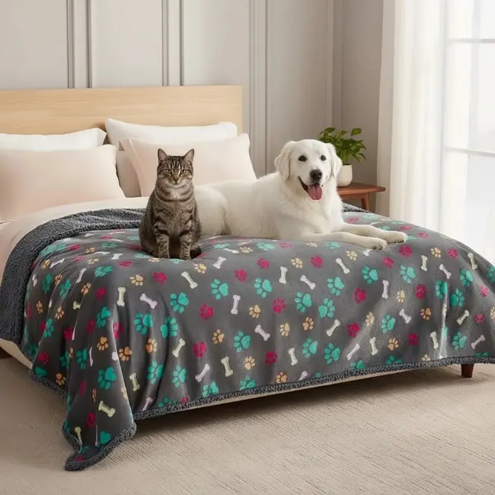 All Season High Quality Reversible Pet Blanket for Dogs Cats- Multipurpose Soft Coral Fleece Winter Blanket with Paw Print Design, Liquid-Proof Washable Furniture Protector for Couch, Bed, Sofa - Dog Blanket