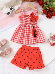 Girls' Summer Set, Casual Fashion Set, Plaid Ruffle Strap Dress + Polka Dot Pleated Shorts, Cute Ladybug Bow Decor