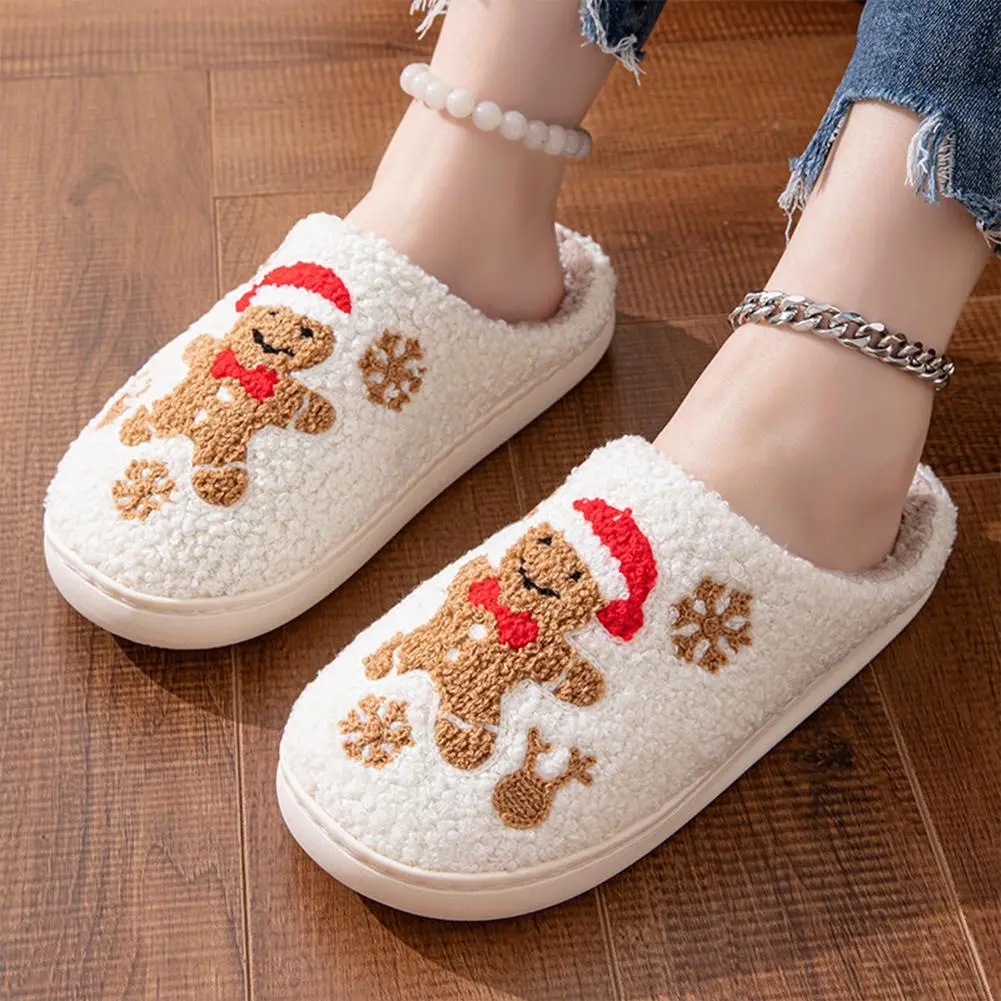Shunmaii Christmas Gingerbread Man Slippers Flat Thermal Slippers Comfortable Furry Snowflake Slippers Anti Slip for Autumn Winter Unisex Adult Shoes