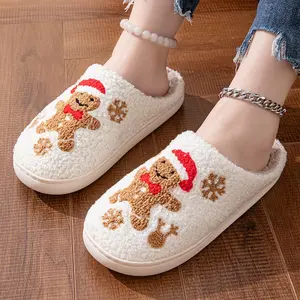 Shunmaii Christmas Gingerbread Man Slippers Flat Thermal Slippers Comfortable Furry Snowflake Slippers Anti Slip for Autumn Winter Unisex Adult Shoes