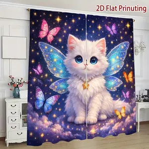 Cat Print Curtains with Wings, Fashionable Rod Pocket Window Drapes for Bedroom and Living Room, Comfortable Atmosphere, Easy Installation