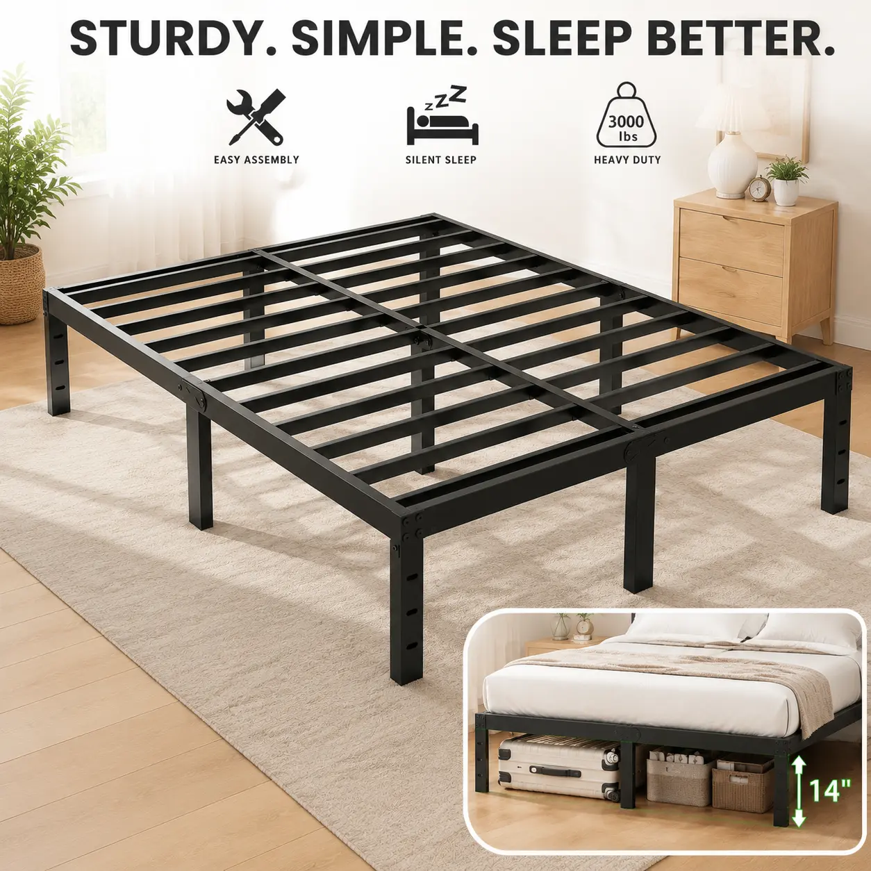 King Size 14 Inch Metal Bed Frame 3000lbs Heavy Duty Platform Bed Foundation Under-Bed Storage Easy Tool-Free Assembly Black queen