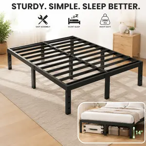 King Size 14 Inch Metal Bed Frame 3000lbs Heavy Duty Platform Bed Foundation Under-Bed Storage Easy Tool-Free Assembly Black