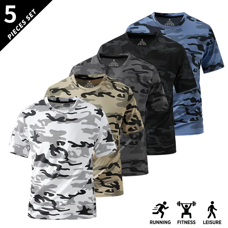 Men’s 5-Pack Summer Camouflage Print Short-Sleeve T-Shirts - Breathable, Sweat-Wicking Menswear with Round Neck, Casual Fit for Running & Fitness, Lightweight, Multi-Color Options, Polyester Blend