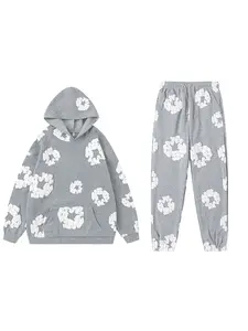 Two-Piece Set Women's Floral Print Pocket Hoodie & Drawstring Waist Sweatpants Set, Casual Fit Long Sleeve Hooded Pullover & Elastic Waist Pants, Women's Fall & Winter Clothes