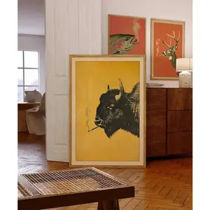 Vintage Bison Smoking Cigarette Graphic Poster - Funny Buffalo Retro Print, Whimsical Room Decor, Hunter Living Room Decoration Items, Home Decor Wall Art, Vintage Prints