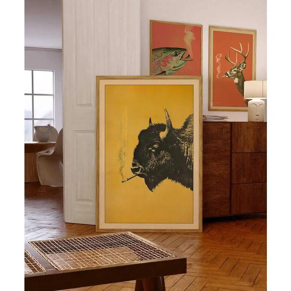 Vintage Bison Smoking Cigarette Artistic Photo Poster - Colorful Style Funny Buffalo Print, Creative Wall Art, Decor Inspo for Man Cave, Kid Room Home Decor
