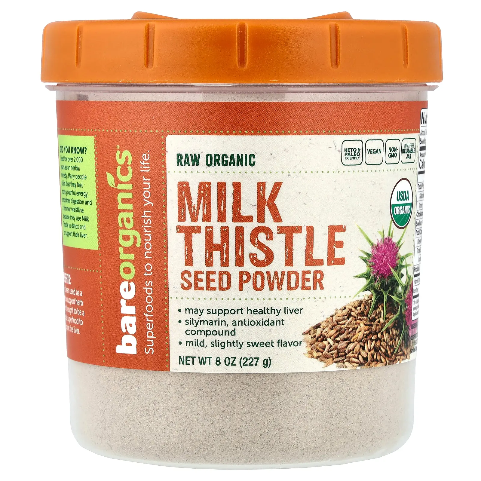 BareOrganics Raw Organic Milk Thistle Seed Powder, 8 oz (227 g)