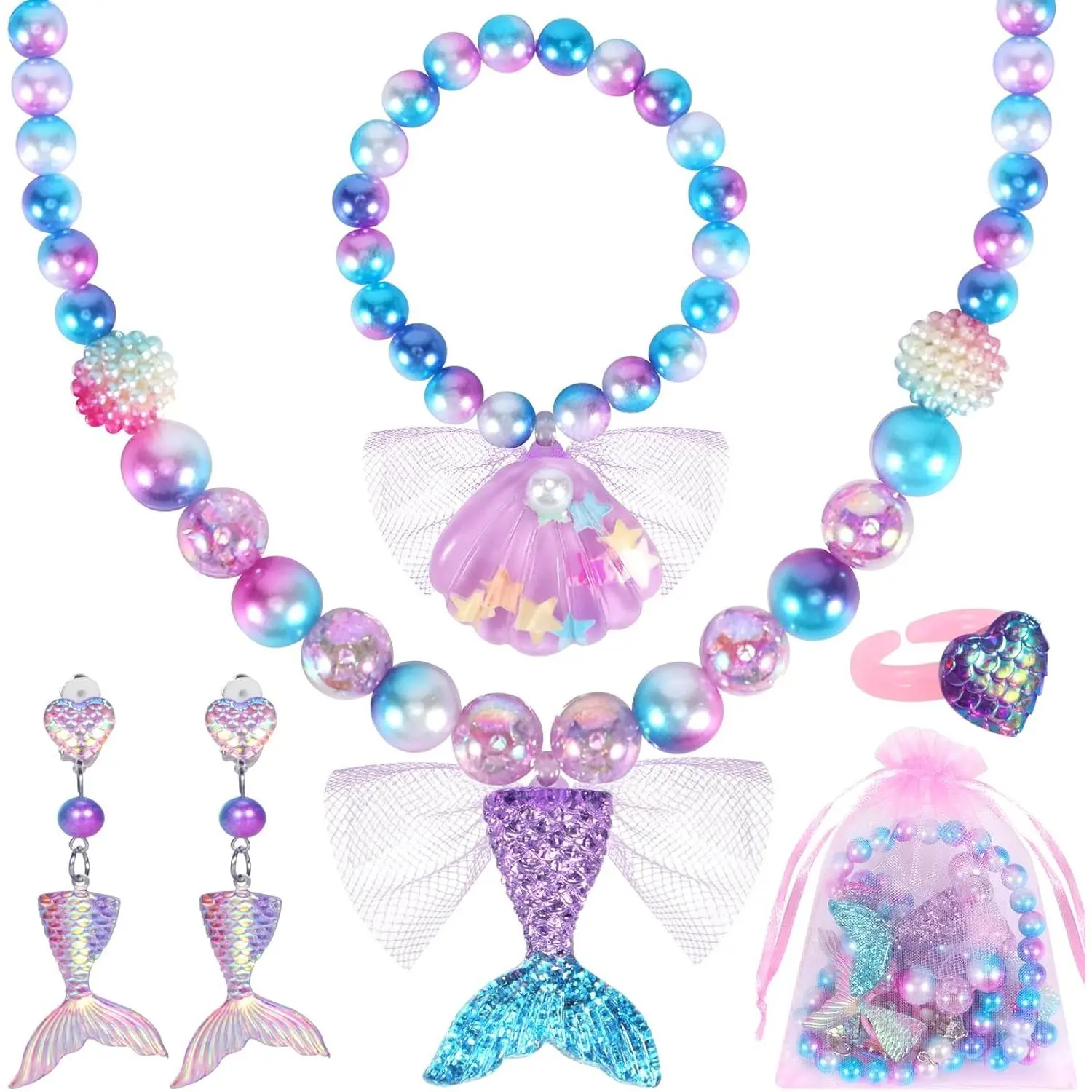 L-JLY004 Mermaid props Princess Mermaid Jewelry for Girls Mermaid Necklace Bracelet Ring Earrings for adults and Kids, Mermaid Accessories Set for Girls Age 3-8 Mermaid Costume Birthday Party