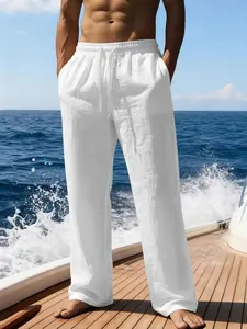 Men's Summer Straight Leg Linen Pants, Casual Sporty Tropical Island Vacation Style, Regular Fit Basic Design, Men's Clothing, Menswear