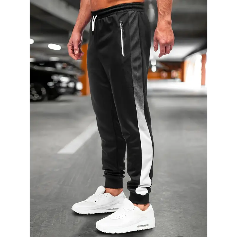 Zipped Pockets Design Men's Color Blocked Footed Joggers, Casual Slightly Stretch Waist Drawstring Sports Sweatpants