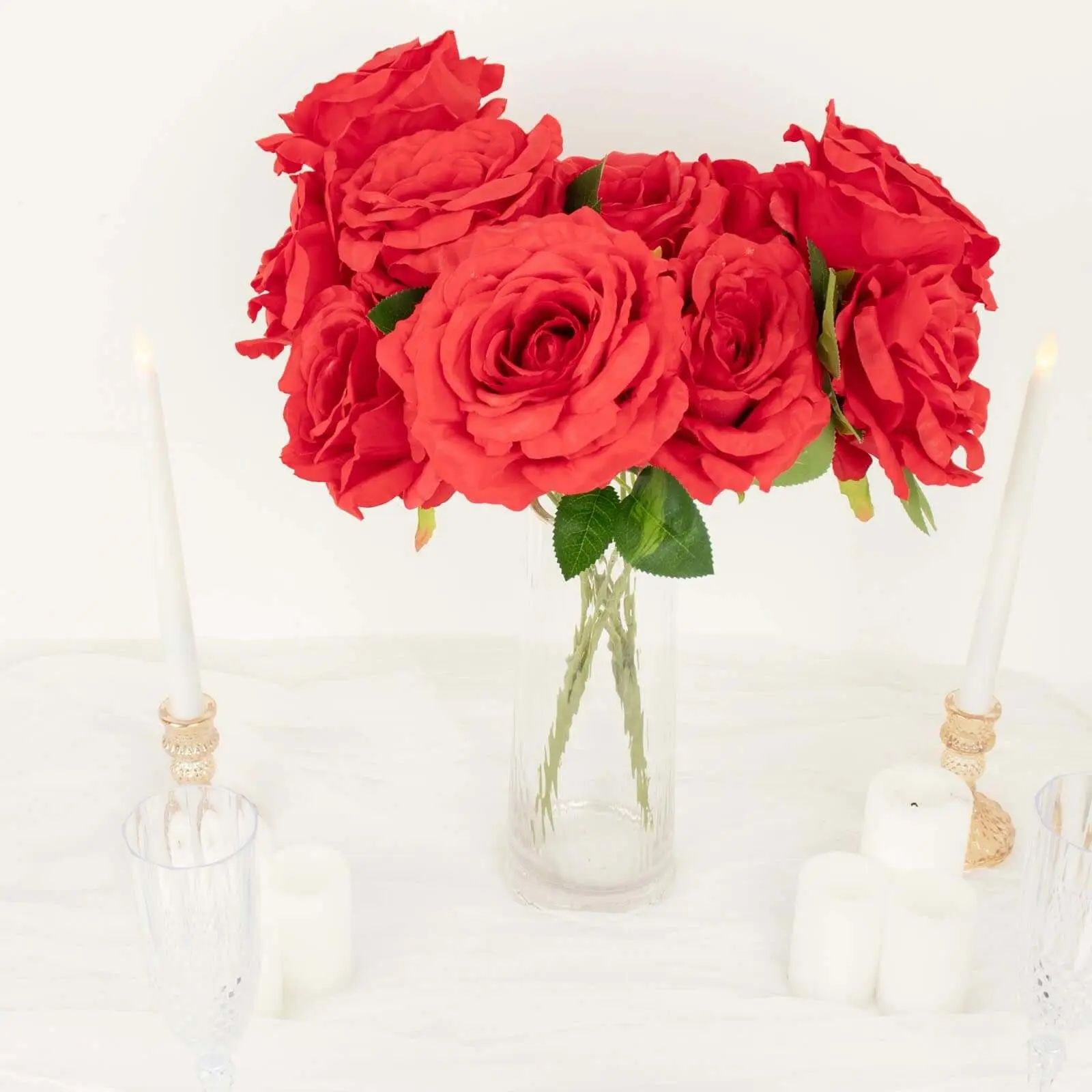 2-Pack Premium Red Silk Jumbo Rose Flower Bushes, Decorative Fake Silk Roses Plastic Faux Flowers, 17" Artificial Wedding Floral Arrangements for Home Decor