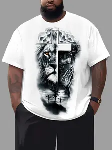 Men's Large Size Lion & Praying Man Print T-Shirt, Soft Breathable Fabric, All Season Comfort, Fashion New Trend Top