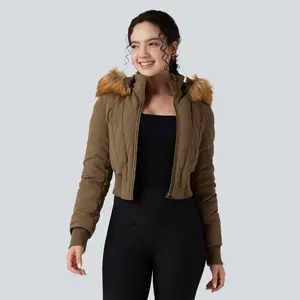 Halara Removable Faux Fur Trim Hooded Long Sleeve Casual Stretchy Padded Jacket