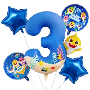 PartyWoo Baby Shark Blue Foil Number 3 Balloon 5pcs 40 18 Inch Blue Round Star Mylar Helium Birthday Balloons for Boys and Girls Baby Shark Under the Sea Ocean Kids Third Birthday Party Decorations