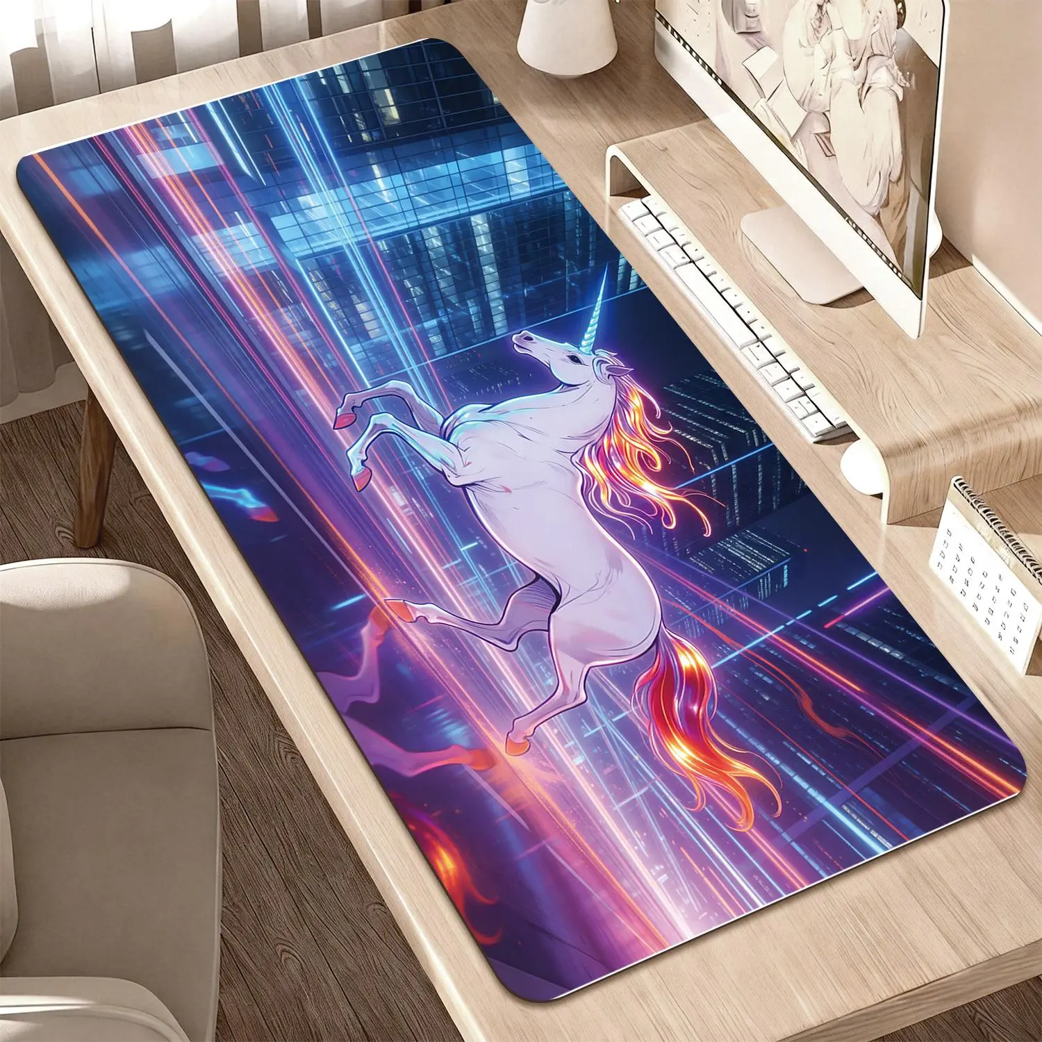 Premium Futuristic Neon Unicorn Illustration Sublimation Mouse Pad, 40x80cm High-Quality Non-Slip Durable Pad for Office Work & Gaming Comfort, Modern Computer Accessory, Sublimation Mouse Pads