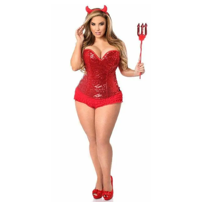 Women's 4-Piece Sequin Devil Corset Costume - Devil Theme, Sequined Fabric, Deluxe Halloween Special Clothing