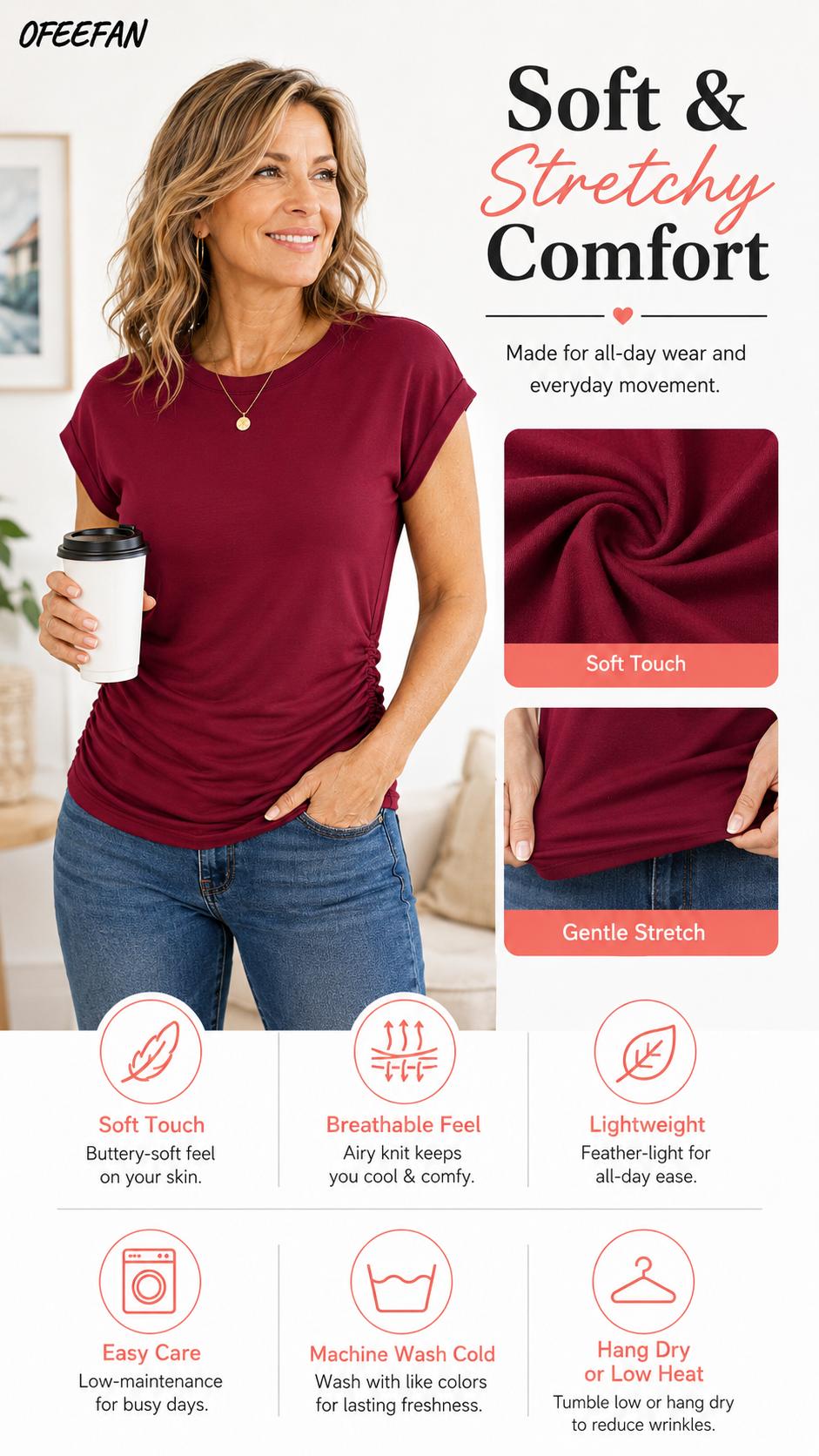 OFEEFAN Womens Summer Tops Trendy 2025 Ruched Cap Short Sleeve Tshirts Shirts Crew Neck T Shirts Fashion OFEEFAN Womens Summer Tops Trendy 2025 Ruched Cap Short Sleeve Tshirts Shirts Crew Neck T Shirts Fashion