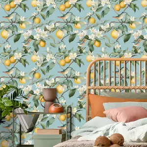 1 roll of lemon blue bird pattern self-adhesive wallpaper, waterproof vinyl flower bird sticker, removable contact paper, light blue plant flower Bohemian autumn aesthetic wall decoration, 17.3 * 118.1/196.8/393.7 inches, suitable for home decoration