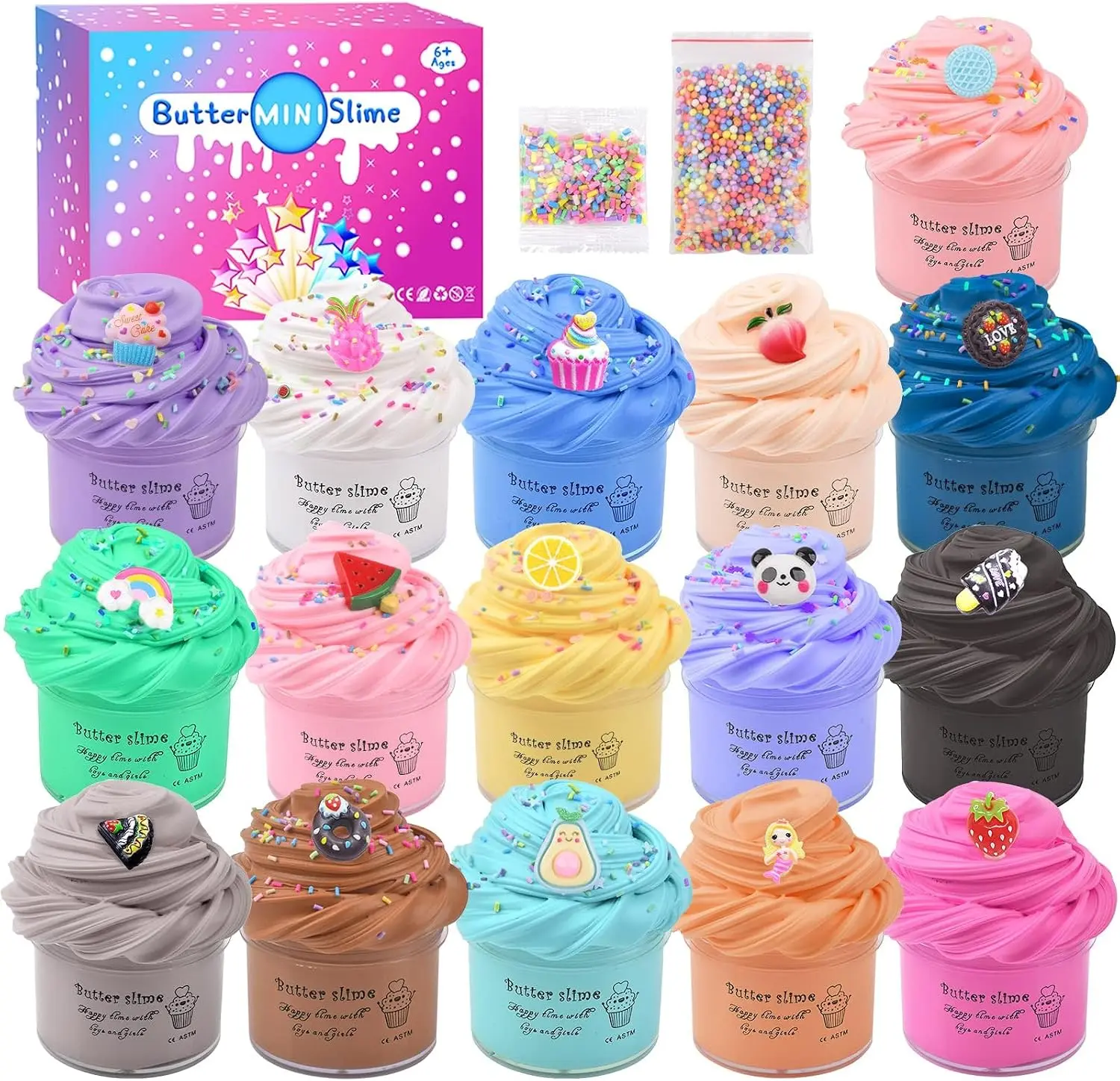 Halloween Fall Gift  16 Pack Mini Butter Slime Kit for Kids, with Watermelon, Lemon, Cherry, Slime Accessories, Stress Relief Toys for Girls and Boys, for Kid Party, Play Education and Birthday Gift.