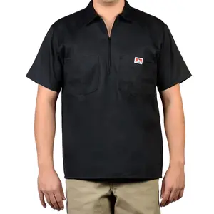 Ben Davis Men's Black Original Regular Fit Collared Neck Half-Zip Black Cotton-Polyester Fabric Work Shirt - Shortsleeve Menswear Top, Black, Pocket, Zipper Accent, Casual Clothes, Versatile for Pants Pairing