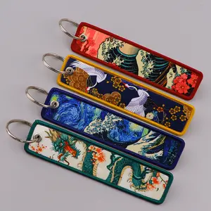 Vintage Van Gogh Embroidery Key Fob Japanese Wave Keychain Cute Car Key Ring Accessories Jewelry Gifts