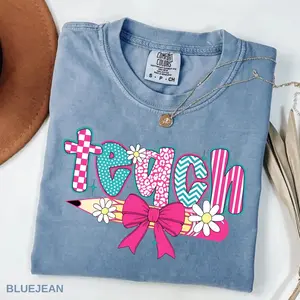 Comfort Colors Checkered Teacher TShirt, Floral Coquette Teacher TShirt, Preppy Teacher T-Shirt, Retro Teacher T-Shirt, Sublimation, Coquette Bow Tee - TrendWear USA