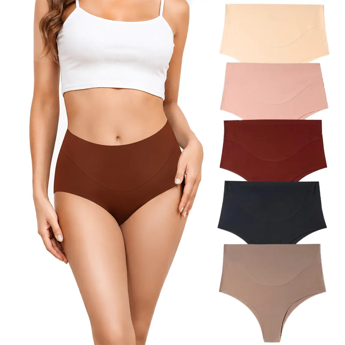 Women's 5-Pack Mix Color Panties - Comfortable Soft Briefs, Breathable Basic Solid Thongs, Everyday Lingerie, Family, Solid-Colors, Polyamide, Elastane, Mid Waist