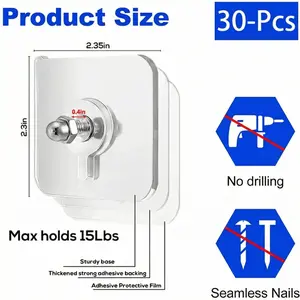 30pcs No-Drill Self-Adhesive Traceless Picture Hangers - Strong Hold Hooks for Photos, Posters, Frames on Walls Organiser Hangable