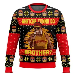 Hulk Hogan Whatcha Gonna Do Brother 3D Ugly Sweater For Women Men, WWE Wrestling Hulkamania Holiday Knit Pullover, Casual Winter Fall Streetwear, Loose Fit Comfy Party Gift Unisex Red Black Yellow