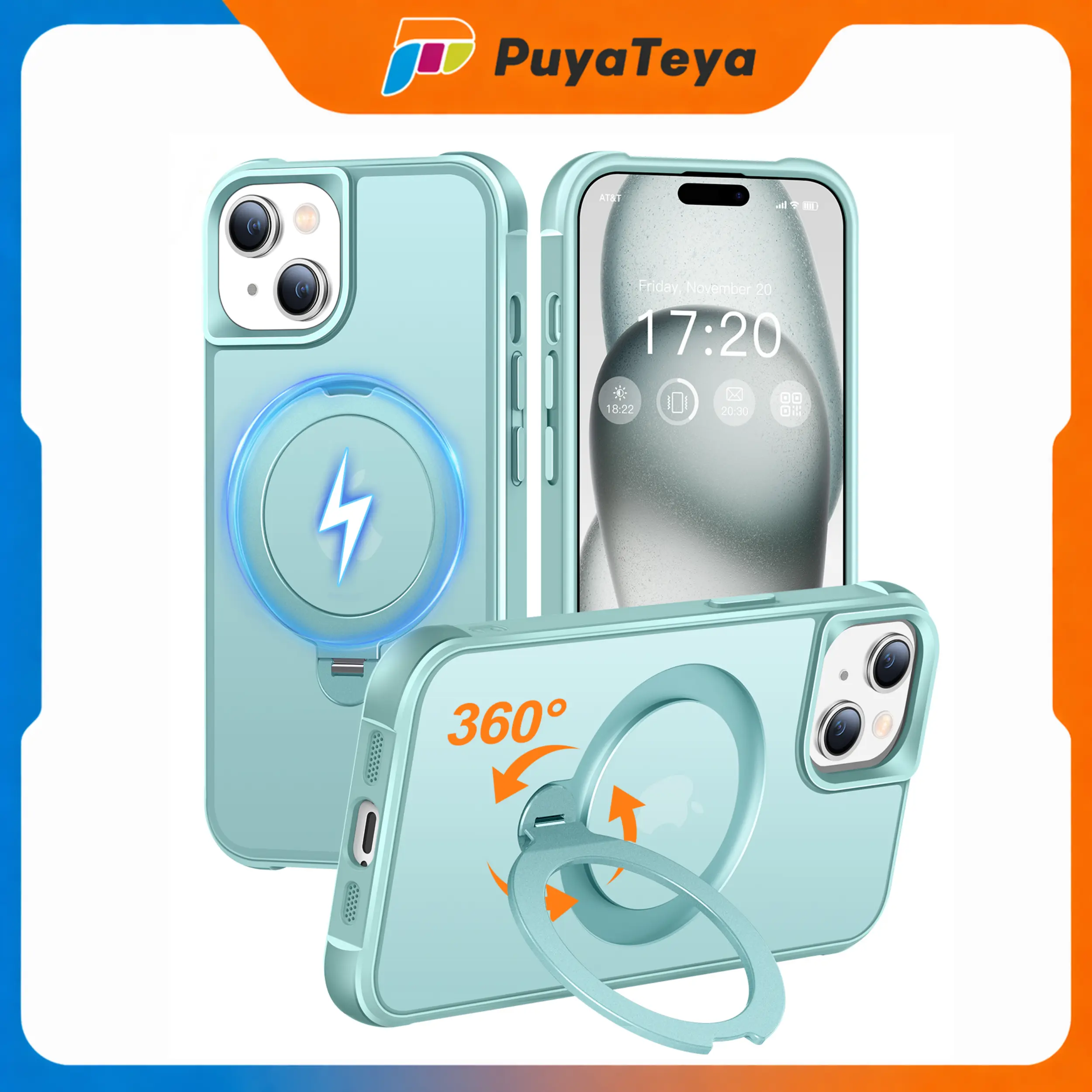 PuyaTeya MagSafe-Compatible Smartphone Cover, 360° Rotating Magnetic Adjustable Aluminium Casing for iPhone 13/14/15/16/17 Pro/Pro Max, Military Drop Protection, Anti-Scratch, Anti-Fingerprint, Shockproof Matt-Transparent Cellphone Wireless Accessories