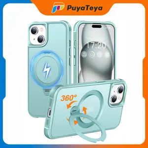 PuyaTeya 360° Rotating Magnetic Stand Phone Case, MagSafe-Compatible Casing for iPhone 13/14/15/16/17 Pro/Pro Max, Adjustable Cover with Military Drop Protection, Anti-Scratch Protector, Anti-Fingerprint Shockproof Matt-Transparent Mobile Accessories outd